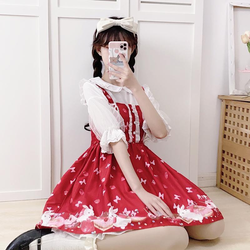 Áo sơ mi chiffon tay ngắn phồng cổ búp bê phối ren phong cách lolita thời trang mùa hè cho nữ