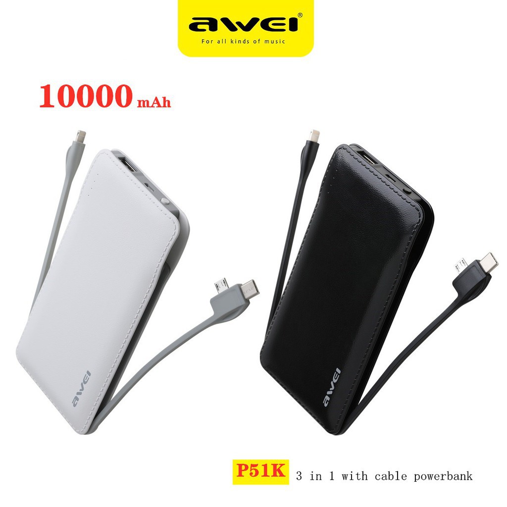 Sạc dự phòng Awei P51K 10000mAh 3 trong 1 với đầu ra USB type A cao cấp