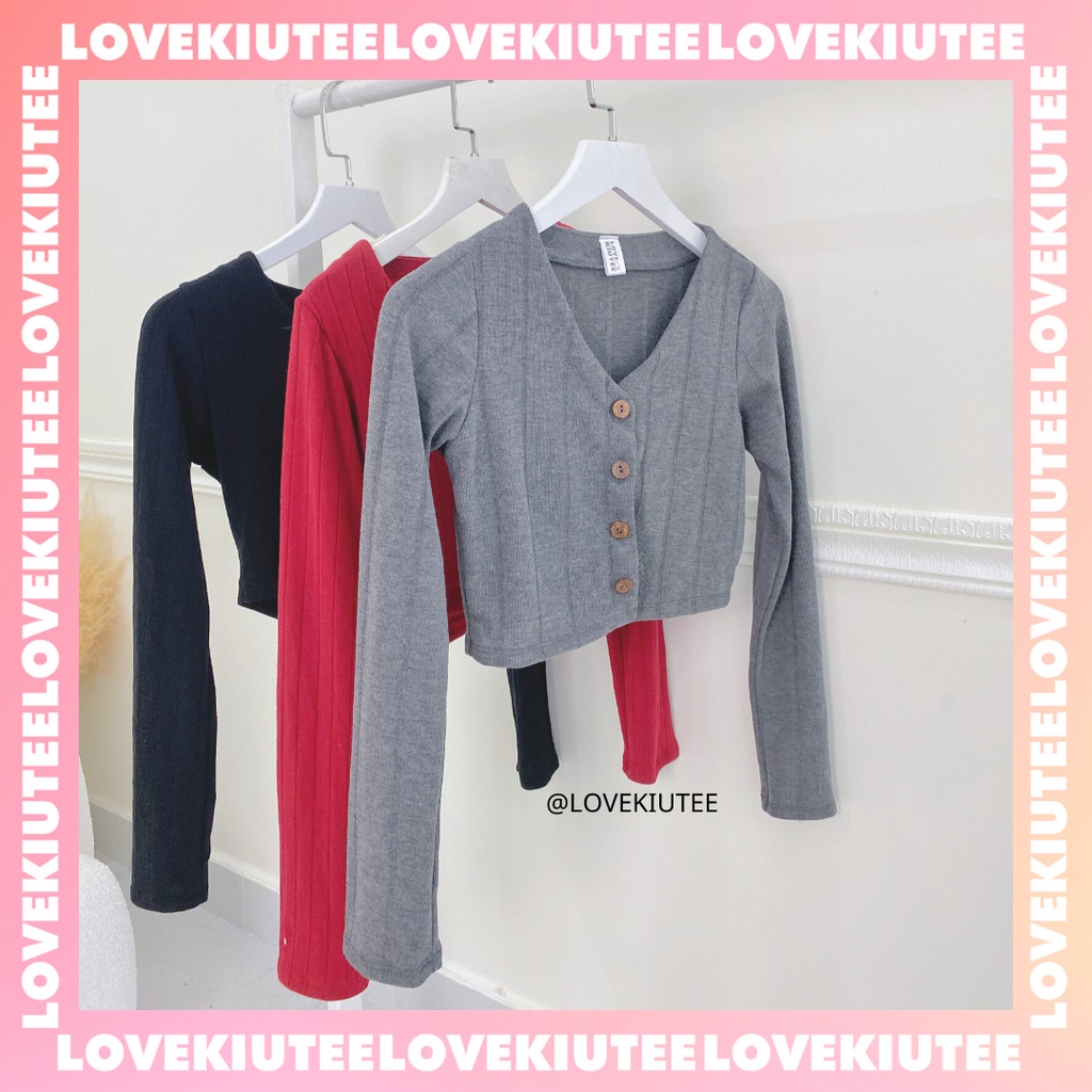 Áo ngắn tay dài nút gỗ Button Front Croptop vải co dãn LOVEKIUTEE