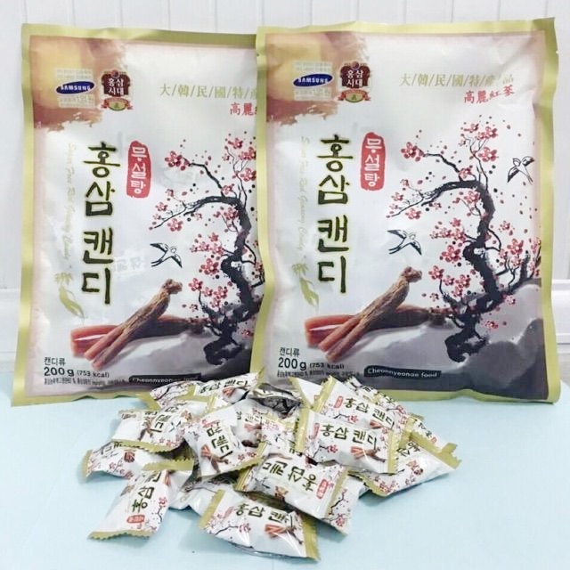 Kẹo Sâm Không Đường Hàn Quốc gói Sugar Free Red Ginseng Candy Kẹo Hồng Sâm 6 Năm Tuổi 500g và 200g