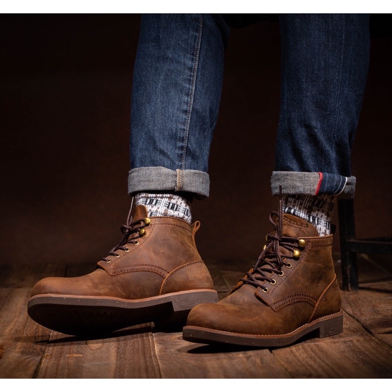 Giày Boot nam da bò sáp cao cấp cổ cao. LINEMAN NÂU SÁP-STEELER