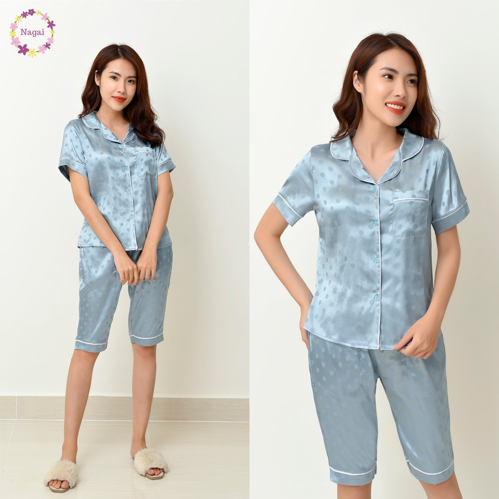 Bộ đồ pijama đùi ngắn tay mặc nhà lụa satin họa tiết chấm bi cao cấp