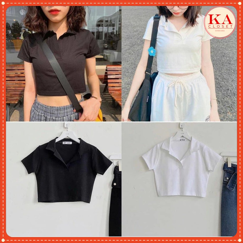Áo croptop cổ bẻ KA Closet chất bozip cotton co dãn mạnh, chất vải dầy dặn mát, 2 màu Đen, Trắng dễ phối đồ