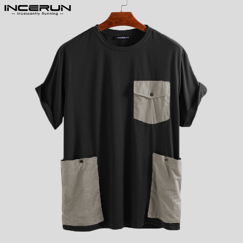 INCERUN Áo thun ngắn tay phối túi phong cách thời trang dành cho nam và nữ