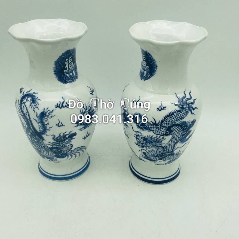Lọ cắm hoa thờ miệng lượn men lam rồng phượng