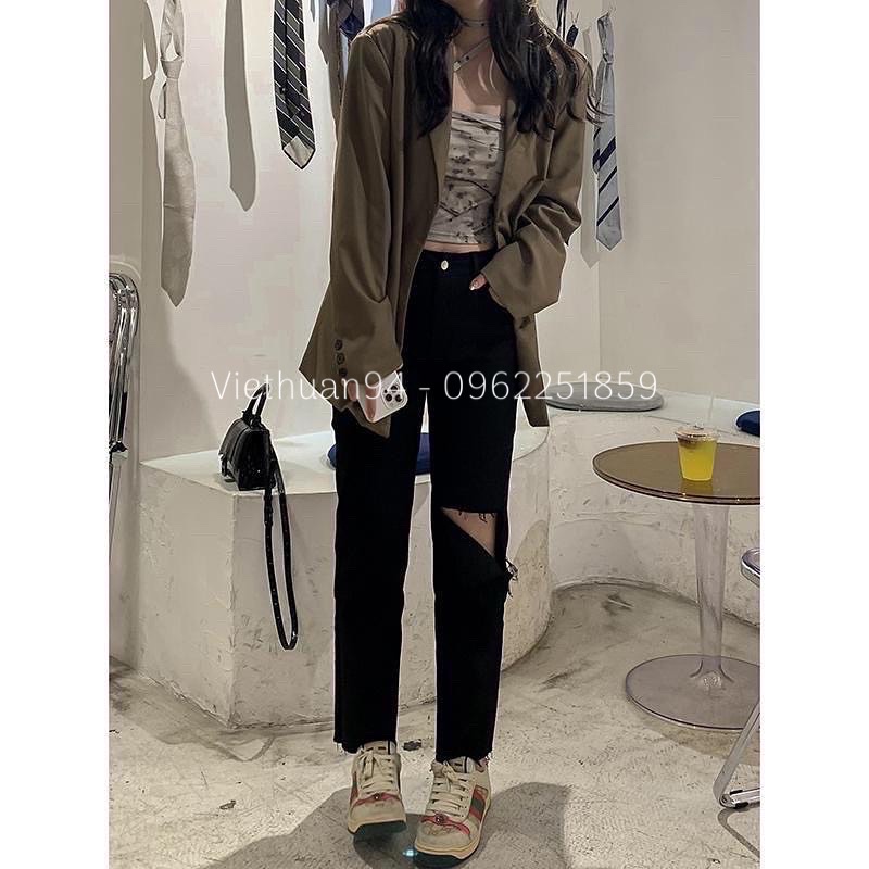 Quần bò ống đứng đen dãn rách đầu gối cá tính