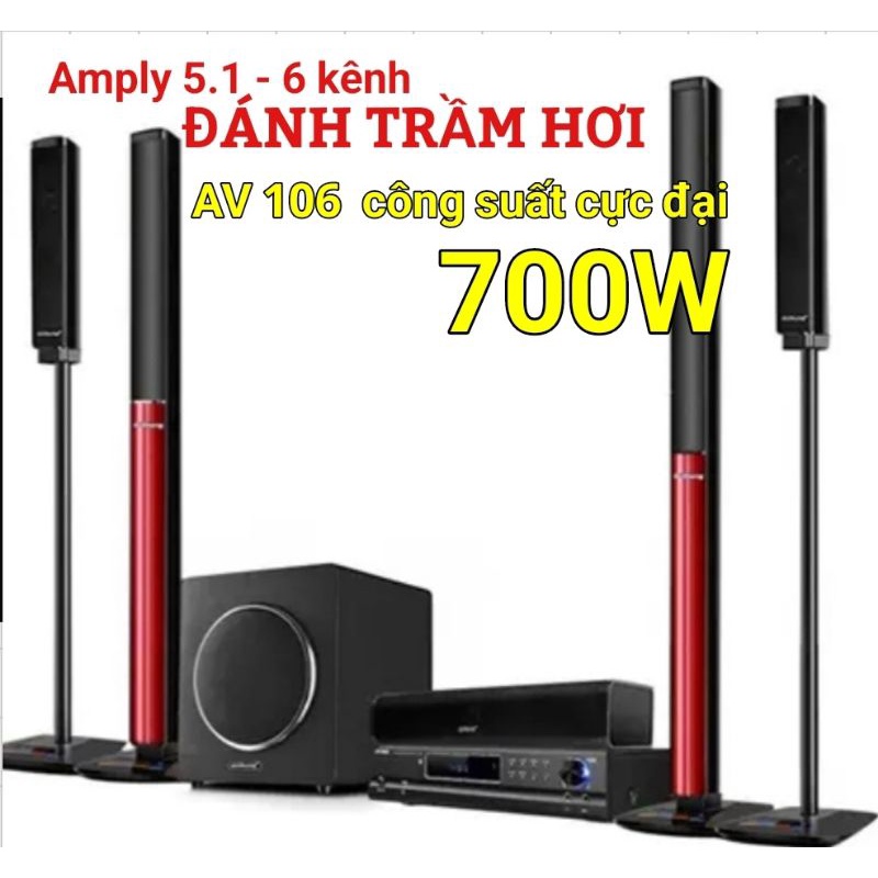 Amply 5.1 6 kênh Qisheng AV 106 công suất 700W đánh được trầm hơi uy lực, có bluetooth, hỗ trợ hát karaoke cực hay