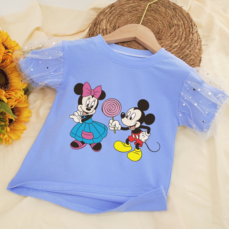 Áo Thun 100% Cotton Tay Ngắn In Hình Mickey Và Minne Dễ Thương Dành Cho Bé Gái