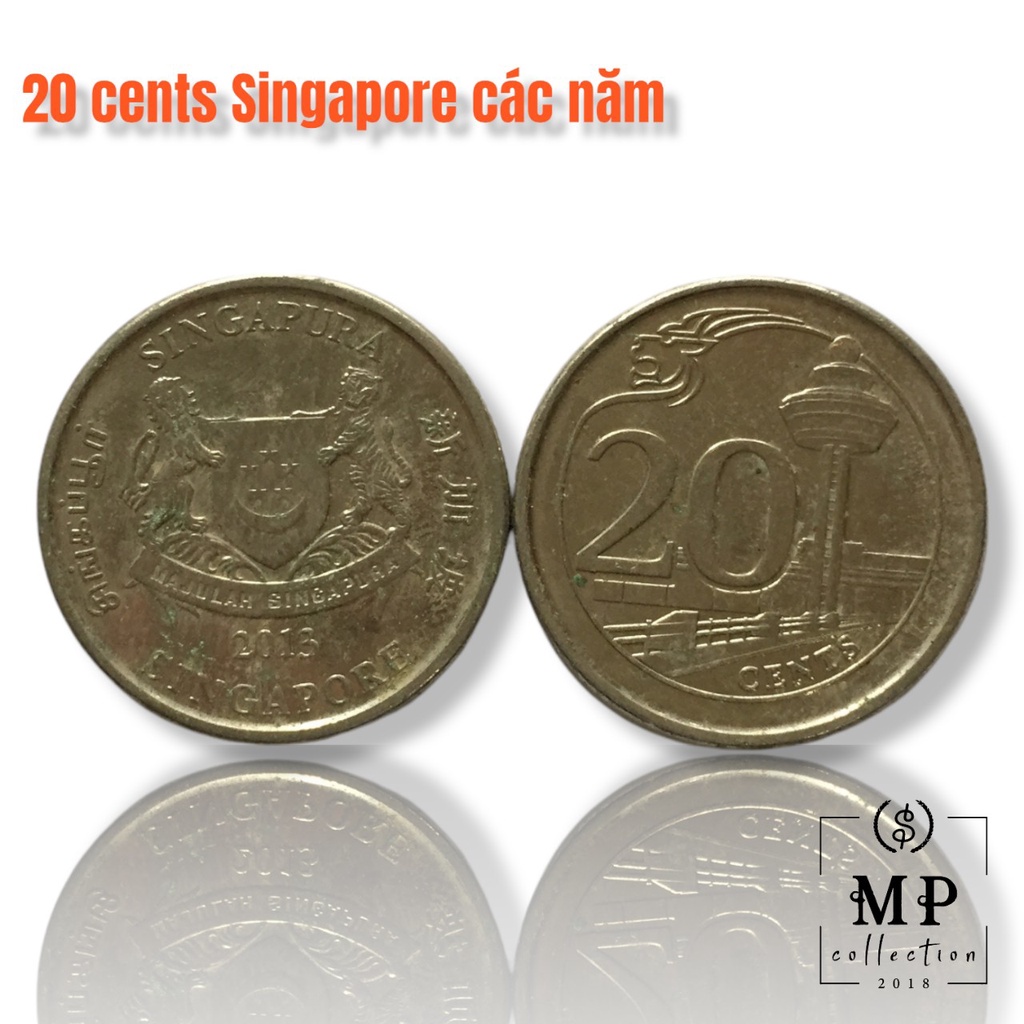 Đồng xu 20 cents Singapore có hình ảnh sư tử năm phát hành ngẫu nhiên
