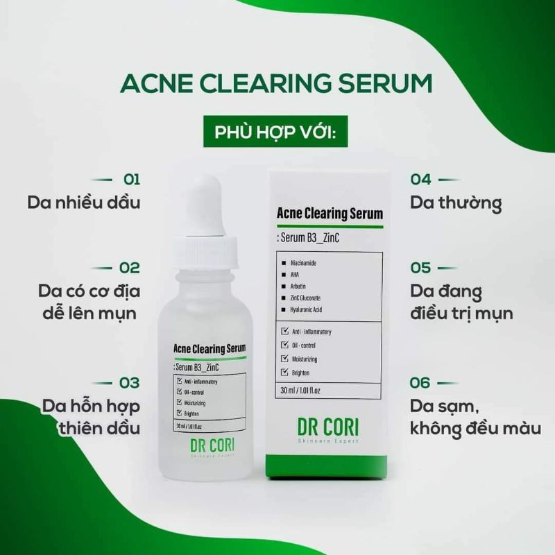 Tinh chất cho da mụn Dr Cori Acne Clearing Serum, Serum B3 ZinC 30ml