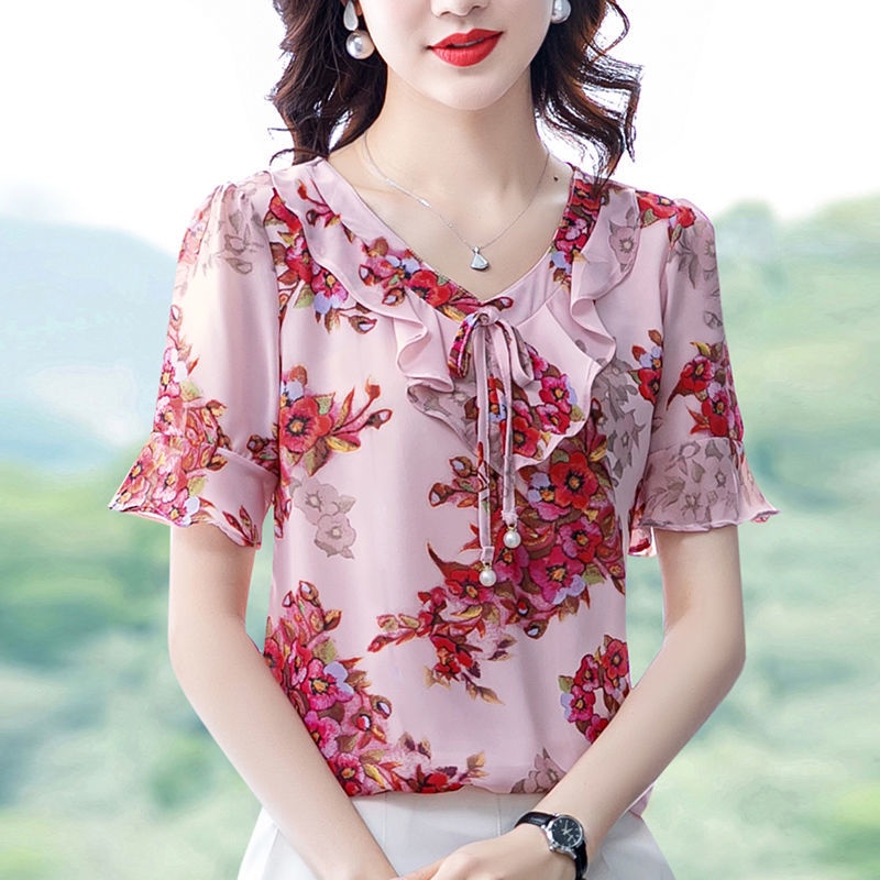 Áo Sơ Mi Voan Ngắn Tay In Họa Tiết Hoa Thời Trang Mùa Hè Dành Cho Nữ