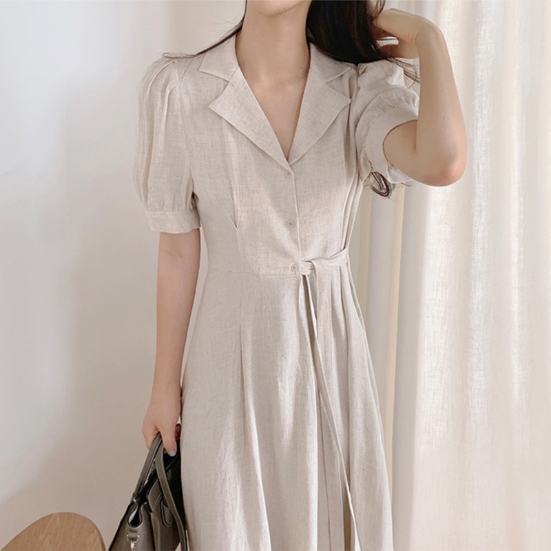 Đầm chic cổ điển cổ vest dáng dài ôm eo dây buộc tay bồng Hàn Quốc