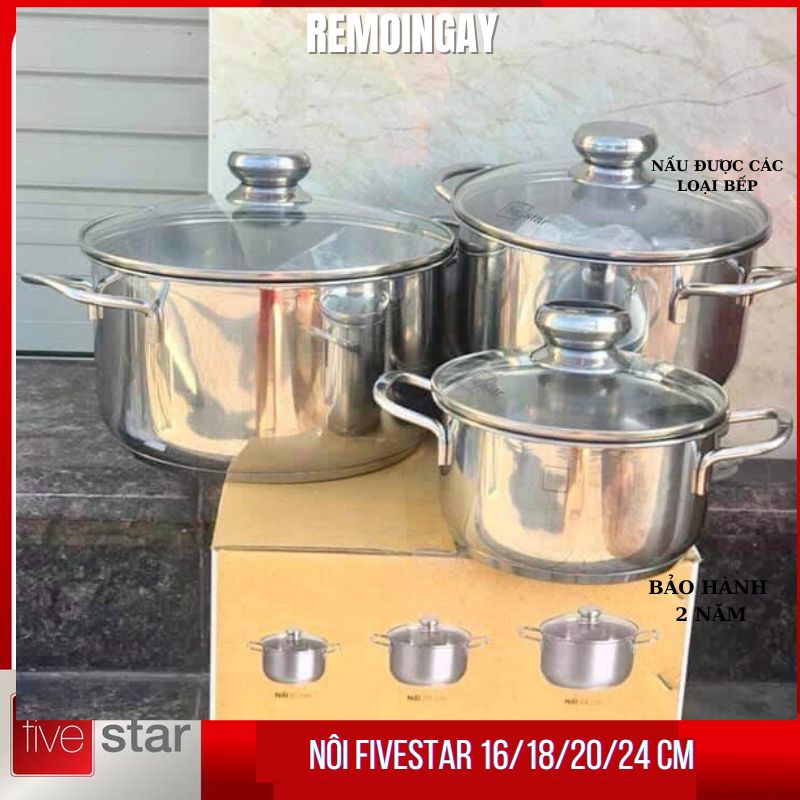 Bộ nồi inox 3 đáy FIVESTAR nắp kiếng 16/20/24 quai đũa inox 430