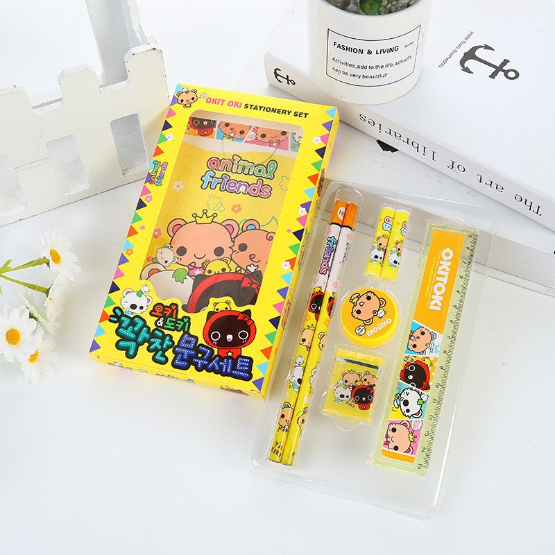 Dụng cụ học tập, set 7 món bút chì,thước kẻ,gôm tẩy,gọt bút chì,nắp đậy_văn phòng phẩm dễ thương