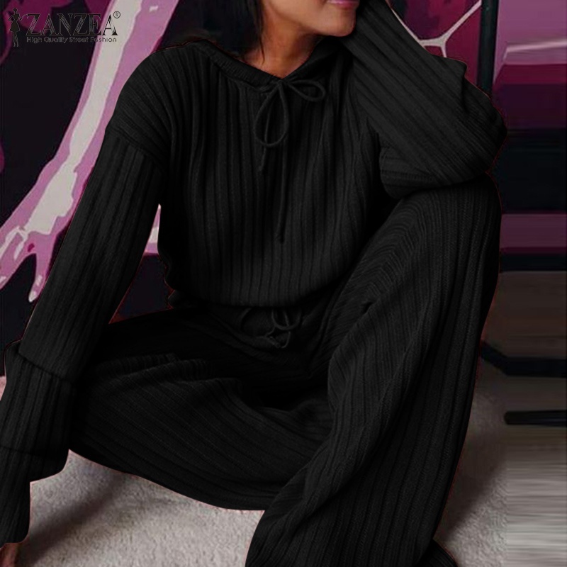 Set áo hoodie ZANZEA dài tay có mũ trùm đầu và quần phối dây rút lưng cao màu sắc đơn giản phong cách thể thao cho nữ