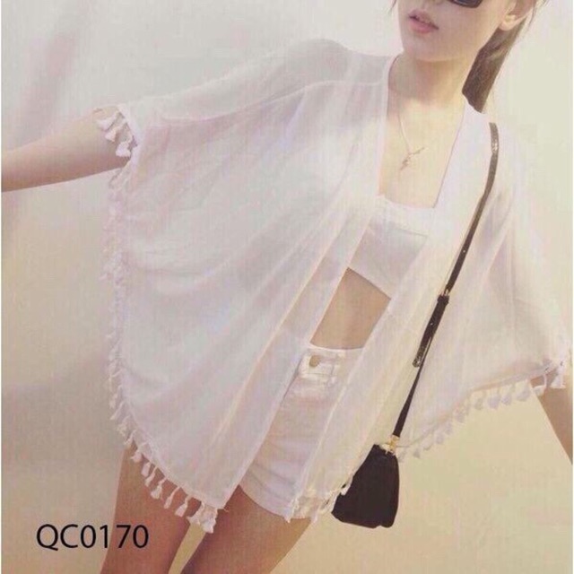 Áo khoác kimono voan viền tua rua đi biển cực xinh