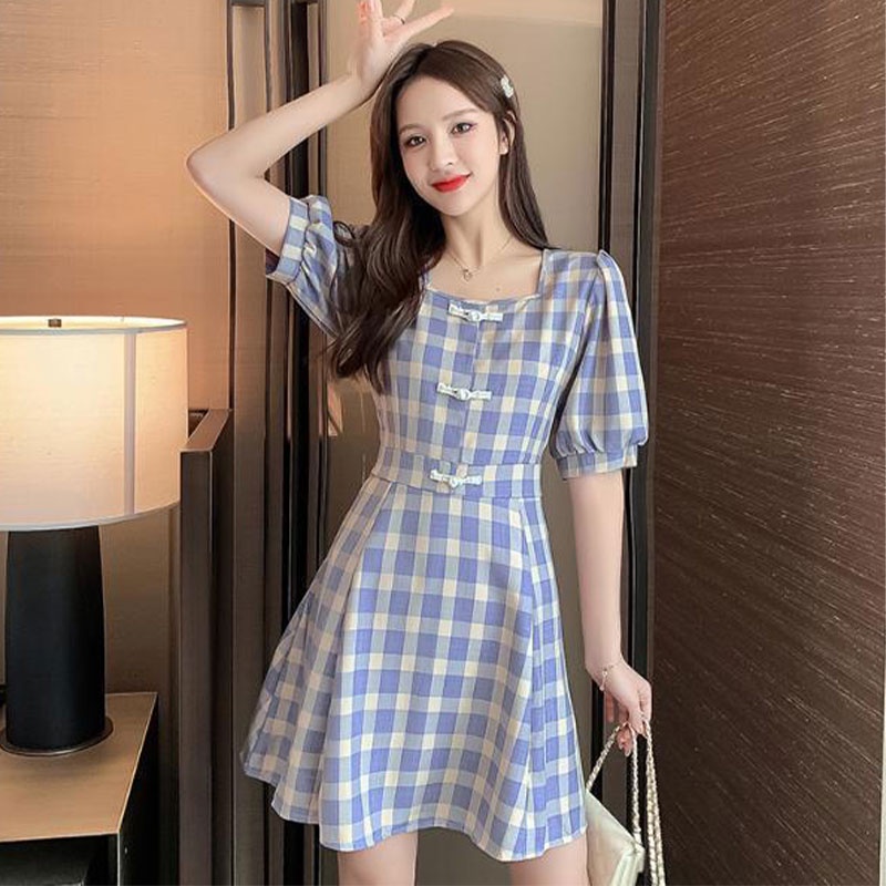 Đầm XINLANYASHE dáng chữ A tay phồng cổ vuông eo cao họa tiết sọc caro màu xanh dương cho nữ váy thiết kế tay bồng