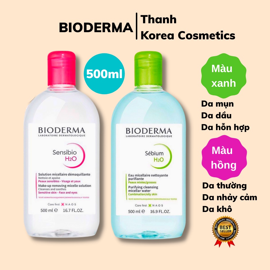 Nước Tẩy Trang Bioderma Pháp Crealine H2O Solution Micellaire màu Xanh và Hồng, nắp nhấn, thể tích 500ml