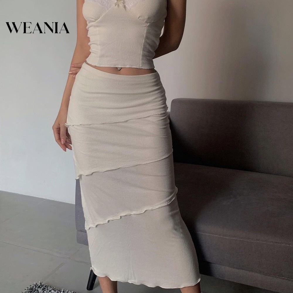 Set Áo Tank Top Hai Dây Phối Ren + Chân Váy Bút Chì Lưng Cao Thiết Kế Lệch Tà Quyến Rũ