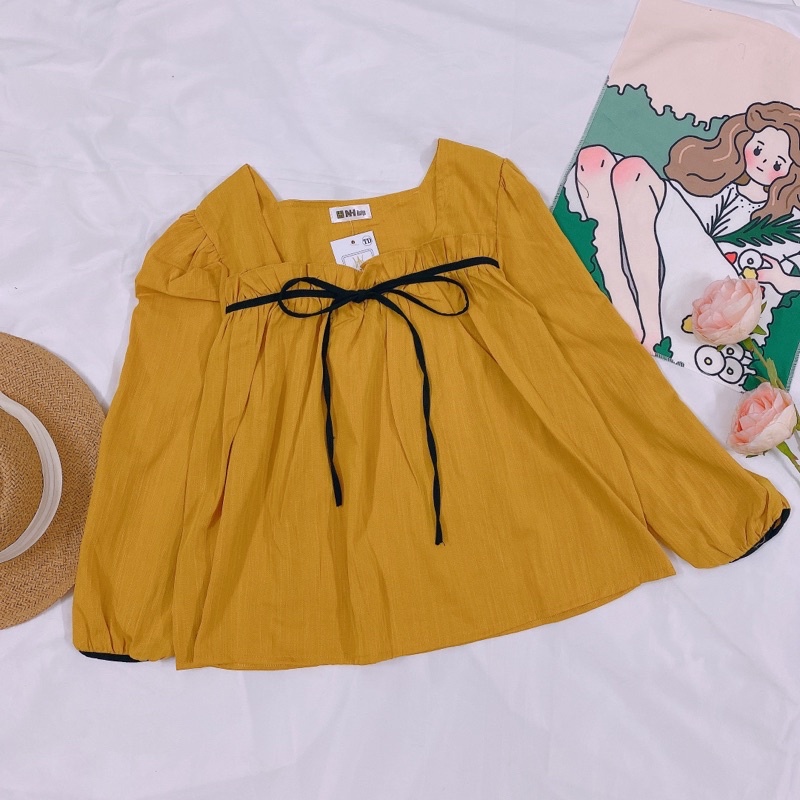 Áo Kiểu Nữ Tay Dài Cổ Vuông Cột Nơ Ngực Phong Cách Tiểu Thư - Jancaroshop