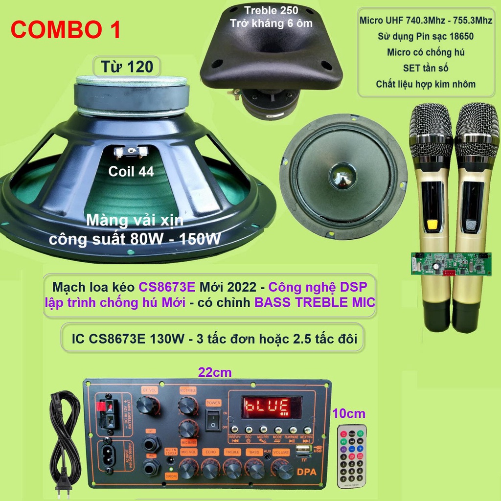 Mạch loa kéo 3 tấc đơn CS8673E 130W DSP lập trình chống hú có chỉnh Bass Treble Micro, nguồn xung 220V