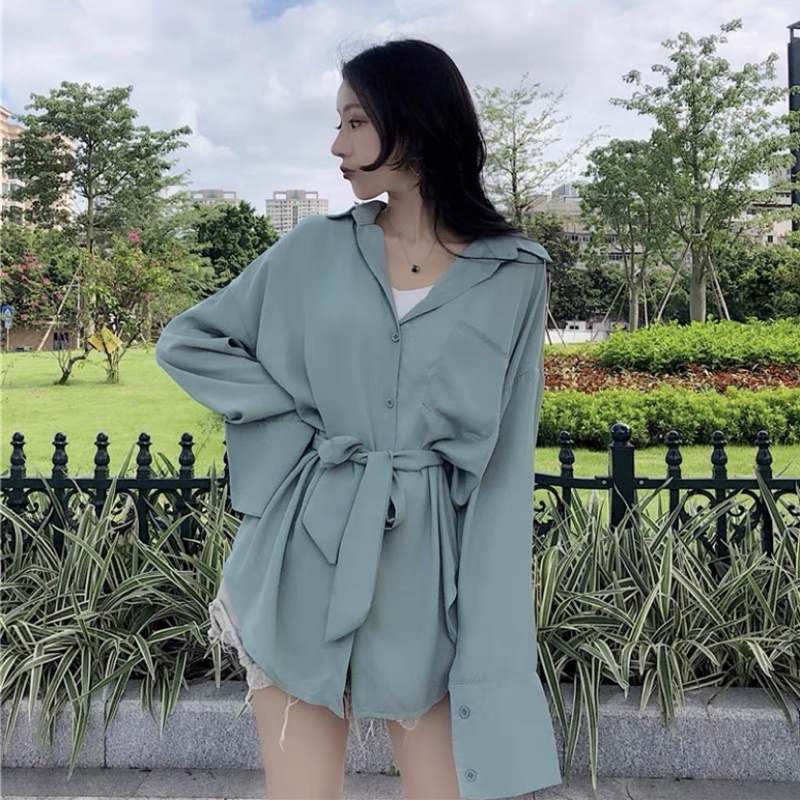 Áo sơmi nữ form rộng dáng dài thắt nơ eo màu xanh mint nữ tính