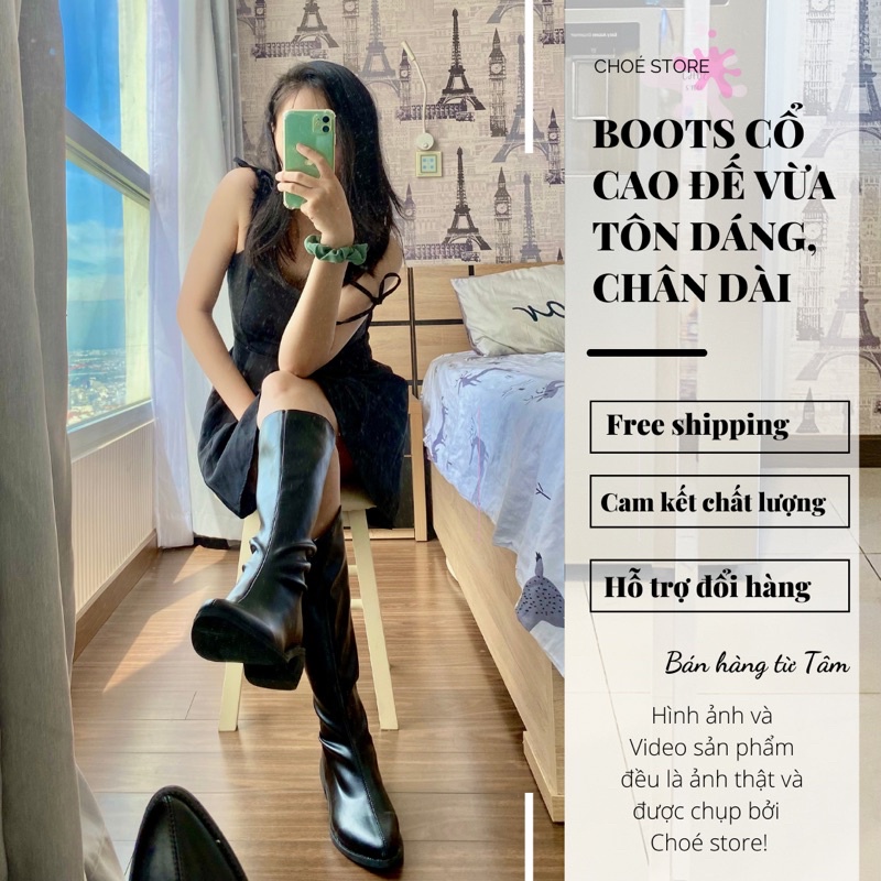 (Giày) Bốt đùi nữ cao cổ da mềm gót thấp Ulzzang