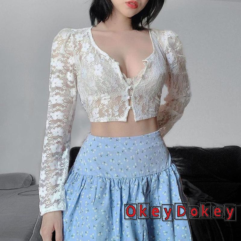 Áo croptop tay dài cổ chữ V phối ren phong cách vintage quyến rũ cho nữ