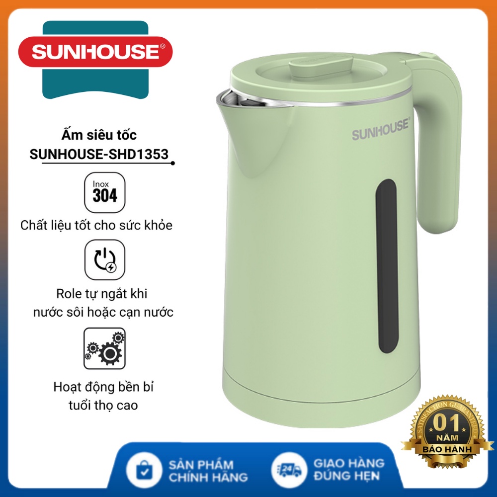 Ấm Siêu Tốc SUNHOUSE SHD1353 , inox 2 lớp 1.8L , công suất lớn 1500W, thiết kế bền đẹp, sử dụng an toàn - BH 12 Tháng