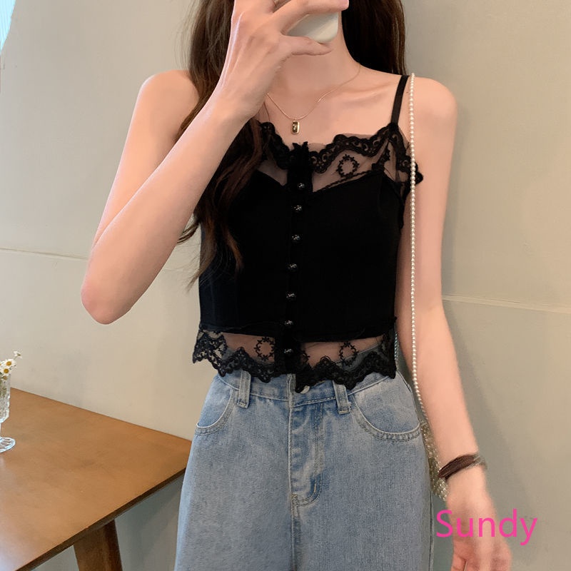 Áo Hai Dây Dệt Kim Phối Ren Thời Trang Mùa Hè Quyến Rũ Cho Nữ