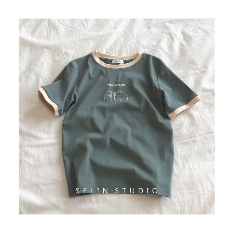 Áo thun UIOWOO tay ngắn dáng rộng màu sắc thời trang dành cho nữ