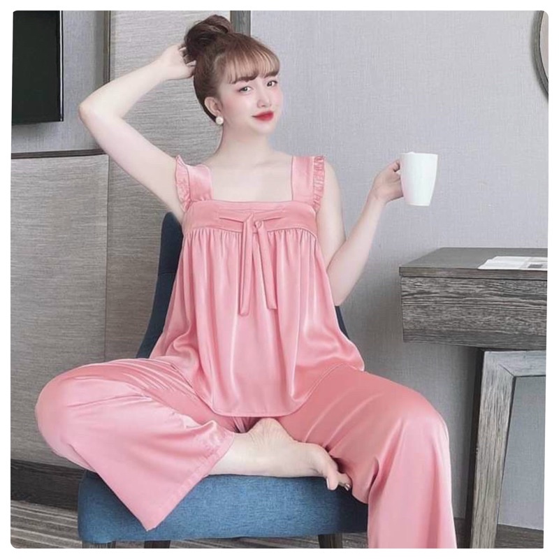 Pijama lụa , đồ ngủ lụa tay tiên quần dài nơ ngực