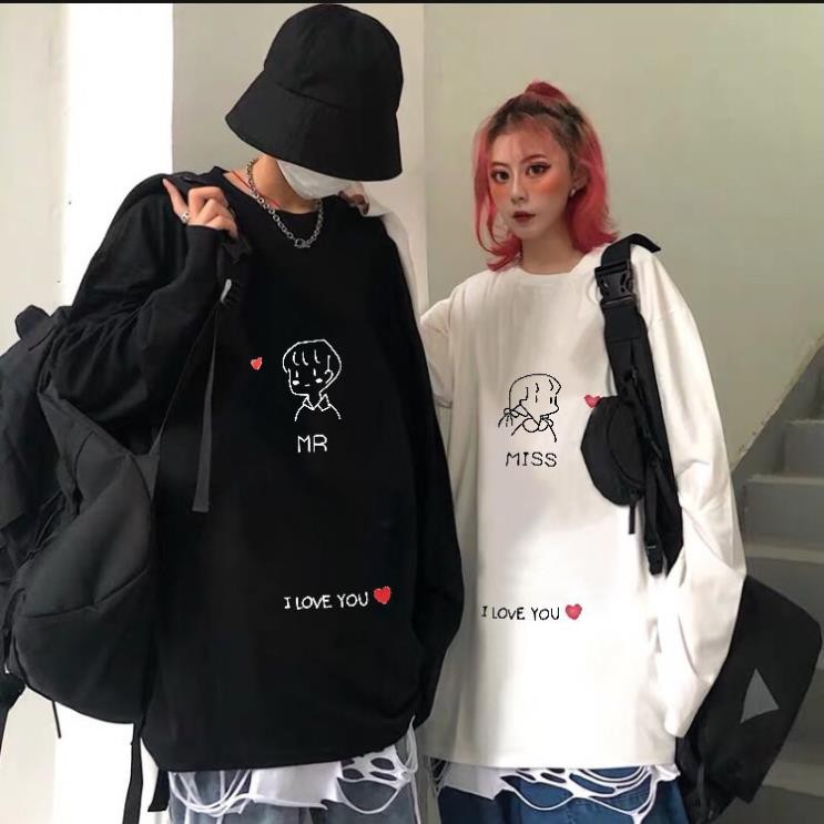 Ảnh thật - Áo thun tay dài form rộng couple thu đông phong cách Hàn Quốc ulzzang 'MISS - I LOVE YOU' - HANNAH SHOP Xịn