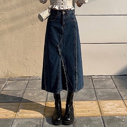 Chân váy jean kaki cạp cao dài qua gối, chân váy midi tua viền phong cách Ulzzang_a16