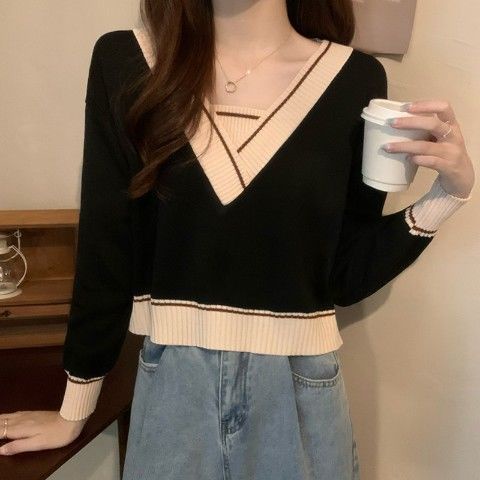 Áo thun len tay dài phối màu thời trang cá tính