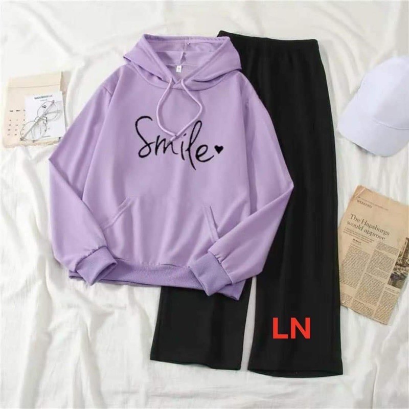 Sét áo hoodie smiler tim đen + quần ống rộng LN11
