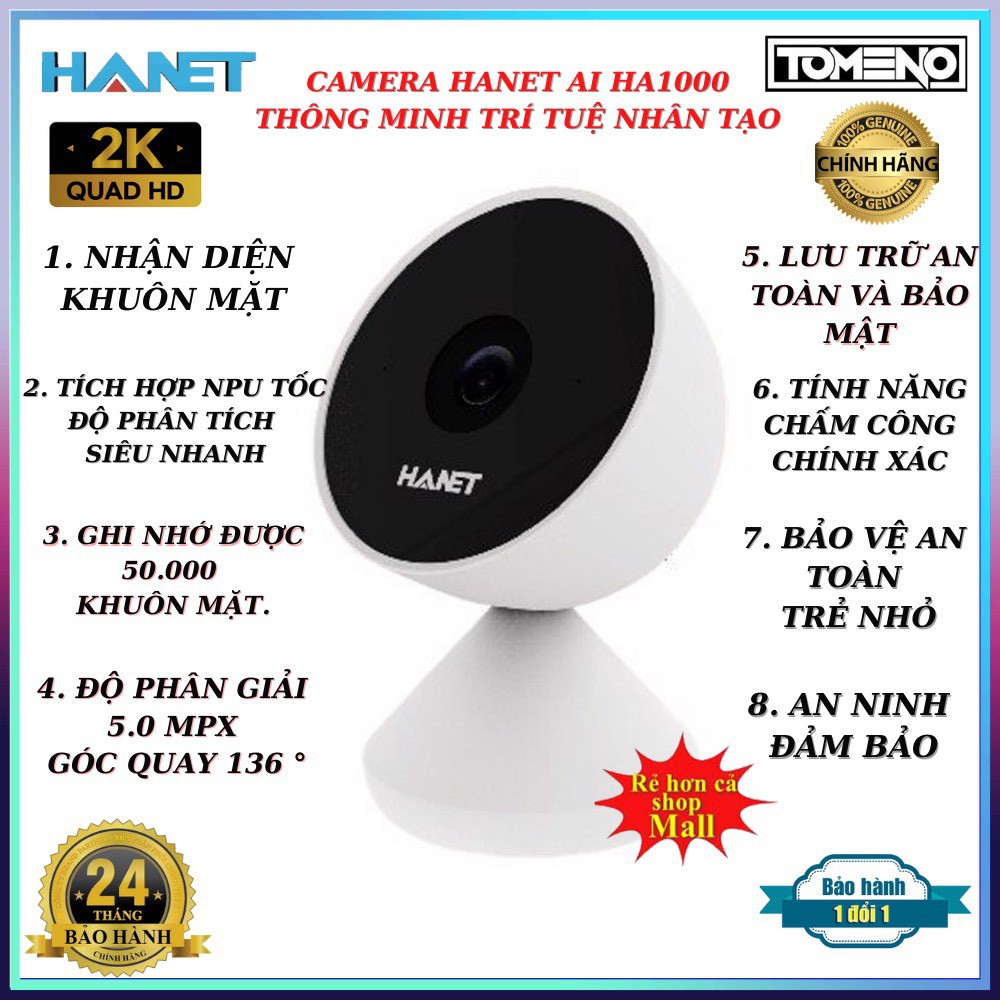 Camera AI Trí Tuệ Nhân Tạo HANET HA1000 2K - Camera Wifi Chấm Công, Báo Động An Ninh Bằng Nhận Diện Khuôn Mặt
