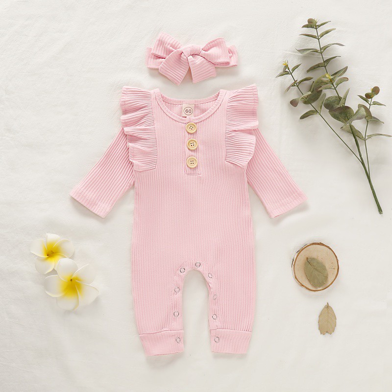 Set áo liền quần + Băng đô nơ dễ thương xinh xắn cho bé gái sơ sinh