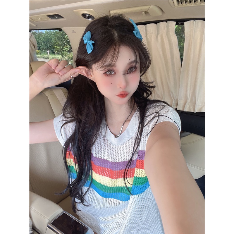 Jiashucheng Áo Dệt Kim Chui Đầu Dáng Rộng Tay Ngắn Cổ Tròn Họa Tiết Sọc Cầu Vồng Rỗng Nhẹ Nhàng Trong Suốt Phong Cách Năm Mới Mùa Hè Cho Nữ