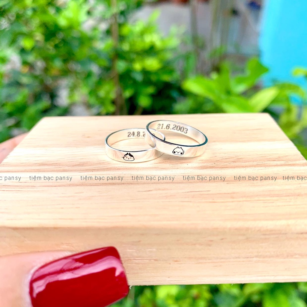 Nhẫn đôi bạc nam nữ hình gấu PANSY miễn phí khắc tên, nhẫn cặp đôi uyên ương bằng bạc ta cao cấp