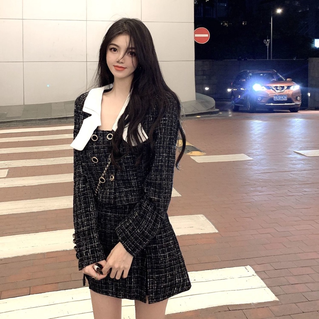 Bộ áo khoác + chân váy phong cách Hàn Quốc thời trang mùa xuân 2021