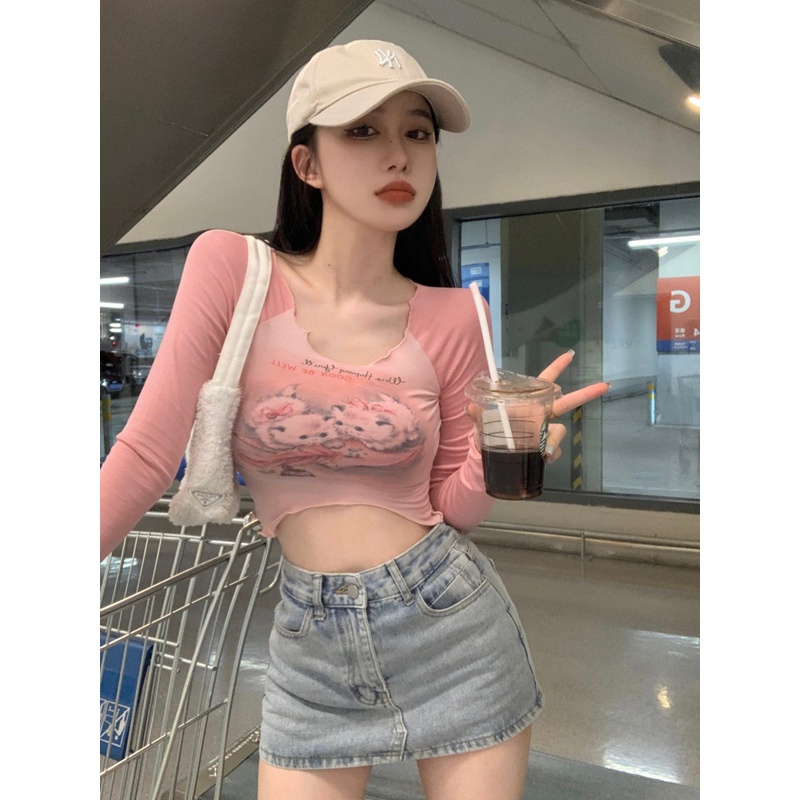 Áo Thun Lửng Tay Dài Màu Sắc Tương Phản In Họa Tiết Phong Cách retro Mỹ Dành Cho Nữ