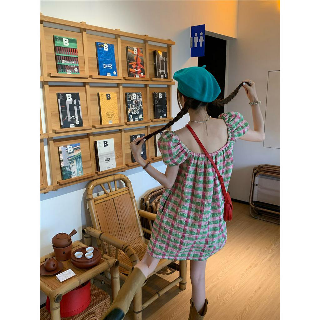 Đầm Tay Ngắn Cổ Vuông Họa Tiết Sọc Caro Phong Cách Hàn Quốc Thời Trang Cho Nữ