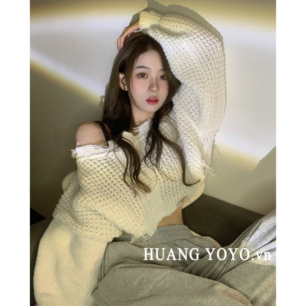 Kumikumi HUANG YOYO Áo cardigan dáng rộng tay dài phồng nhẹ phong cách Hàn Quốc thời trang cho nữ