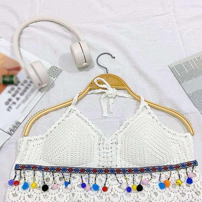 Brroa Áo Lót Bikini Mùa Hè Có Đệm Ngực Họa Tiết Hình Học Sọc Nhiều Màu Sắc Phối Tua Rua Viền Lông Xù Phong