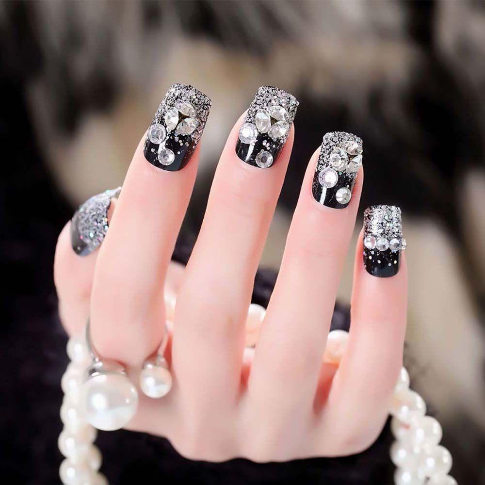 Bộ 24 Móng Tay Giả Đầu Vuông Màu Trắng Đen Dạng Nhấn Tinh Tế DIY