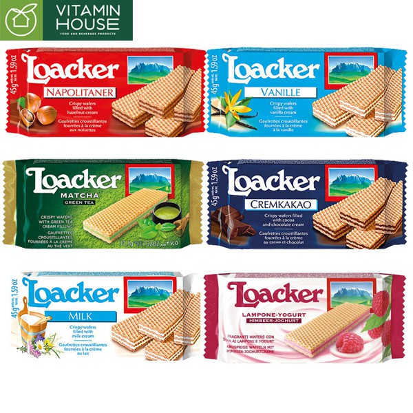 [VITAMIN HOUSE] Bánh Xốp Loacker Ý 45g Đủ Vị Kem Hạt dẻ - Cacao - Phô Mai