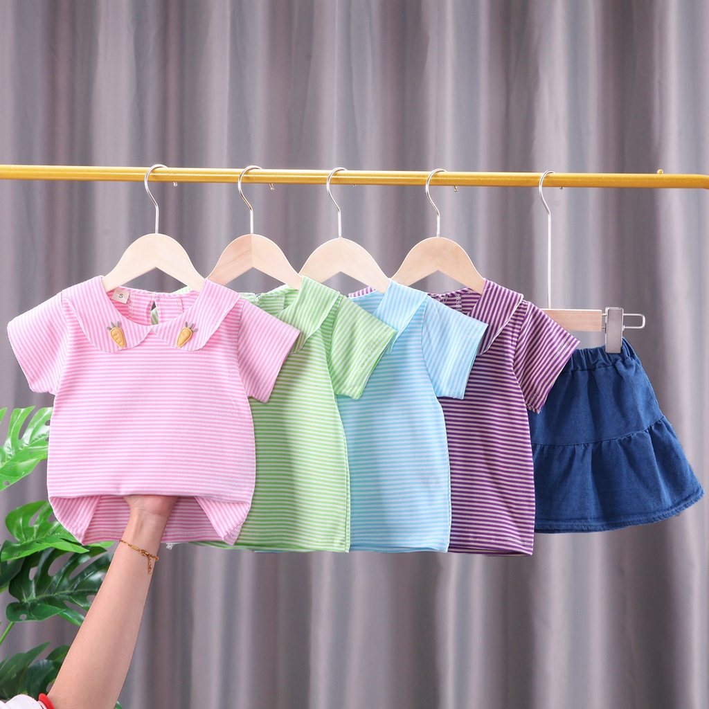 Set Áo Thun Tay Ngắn Họa Tiết Cà Rốt + Chân Váy Denim Dễ Thương Cho Bé Gái Size 80-110cm