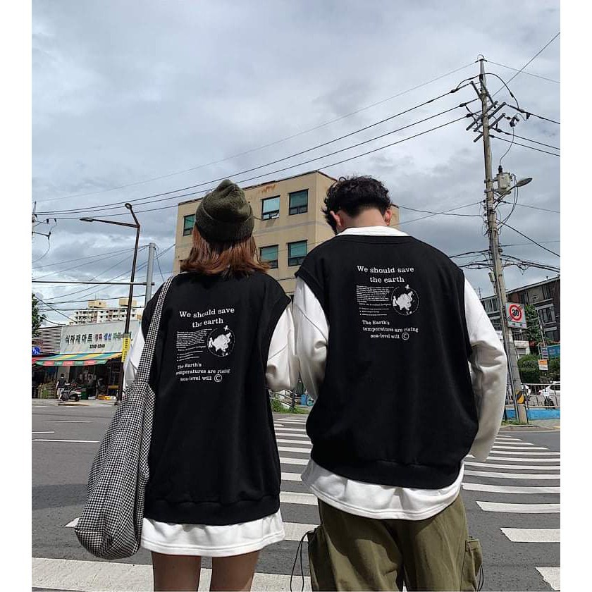 (Lẻ=sỉ) SET ÁO GILE ĐEN DÀI TAY GIẢI CỨU TRÁI ĐẤT UNISEX - Hàng sẵn tại shop
