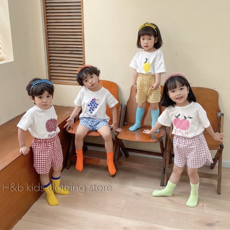Bộ hoa quả cho bé trai, bé gái. Áo cotton, quần đũi kẻ mát rượi- M0031